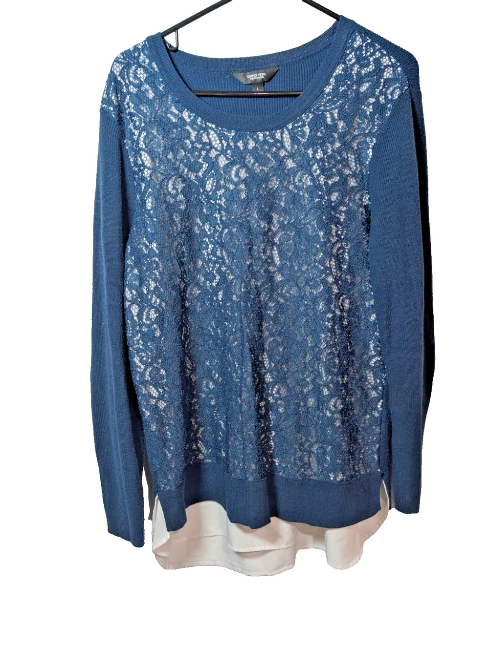Simply Vera Wang Sweater Blue Cream Lace Overlay Mock-Layer Women's Size Large